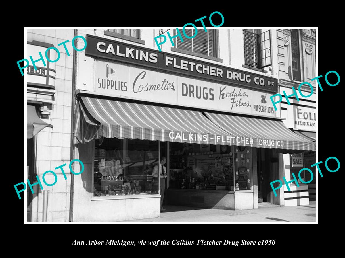 OLD LARGE HISTORIC PHOTO OF ANN ARBOR MICHIGAN, THE CALKINS DRUG STORE c1950