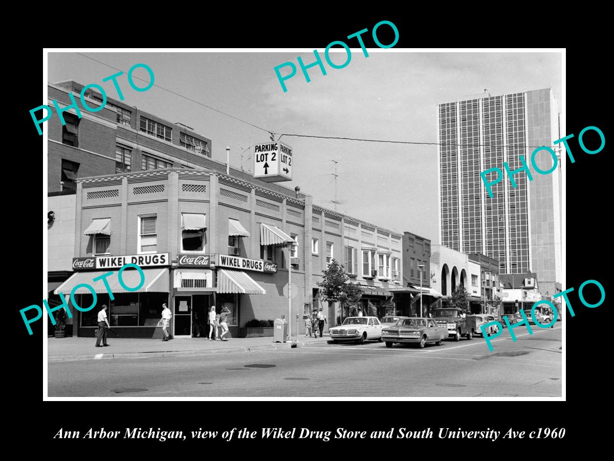 OLD LARGE HISTORIC PHOTO OF ANN ARBOR MICHIGAN, THE WIKEL DRUG STORE c1960