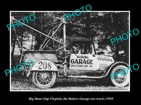 OLD LARGE HISTORIC PHOTO OF BIG STONE GAP VIRGINIA, THE BAKERS TOW TRUCK c1930