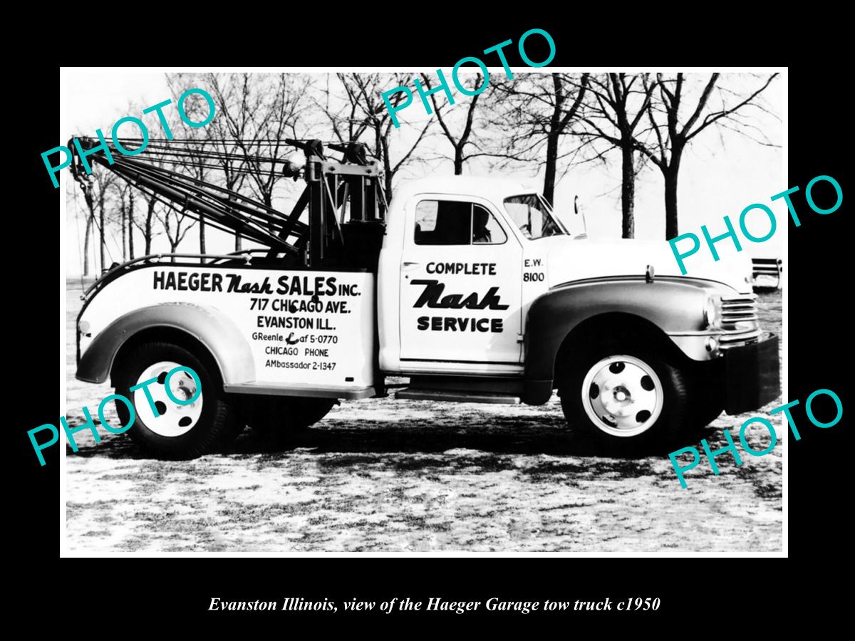 OLD LARGE HISTORIC PHOTO OF EVANSTON ILLINOIS, THE HAEGER GARAGE TOW TRUCK c1950