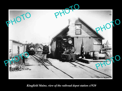 OLD LARGE HISTORIC PHOTO OF KINGFIELD MAINE, THE RAILROAD DEPOT STATION c1920