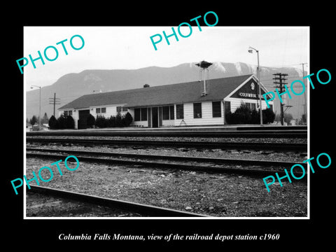 OLD LARGE HISTORIC PHOTO OF COLUMBIA FALLS MONTANA RAILROAD DEPOT STATION c1960