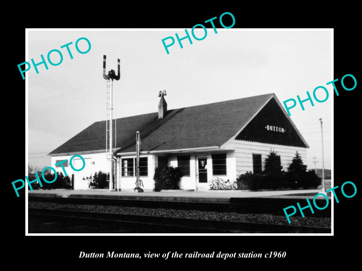 OLD LARGE HISTORIC PHOTO OF DUTTON MONTANA, THE RAILROAD DEPOT STATION c1960