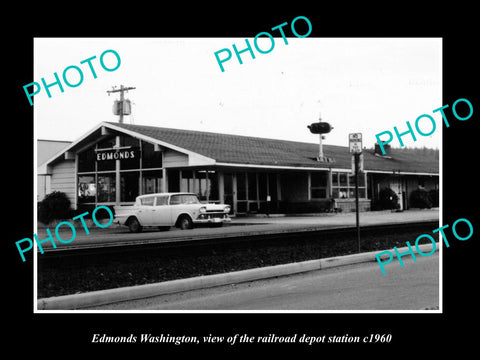 OLD LARGE HISTORIC PHOTO OF EDMONDS WASHINGTON, THE RAILROAD DEPOT STATION c1960