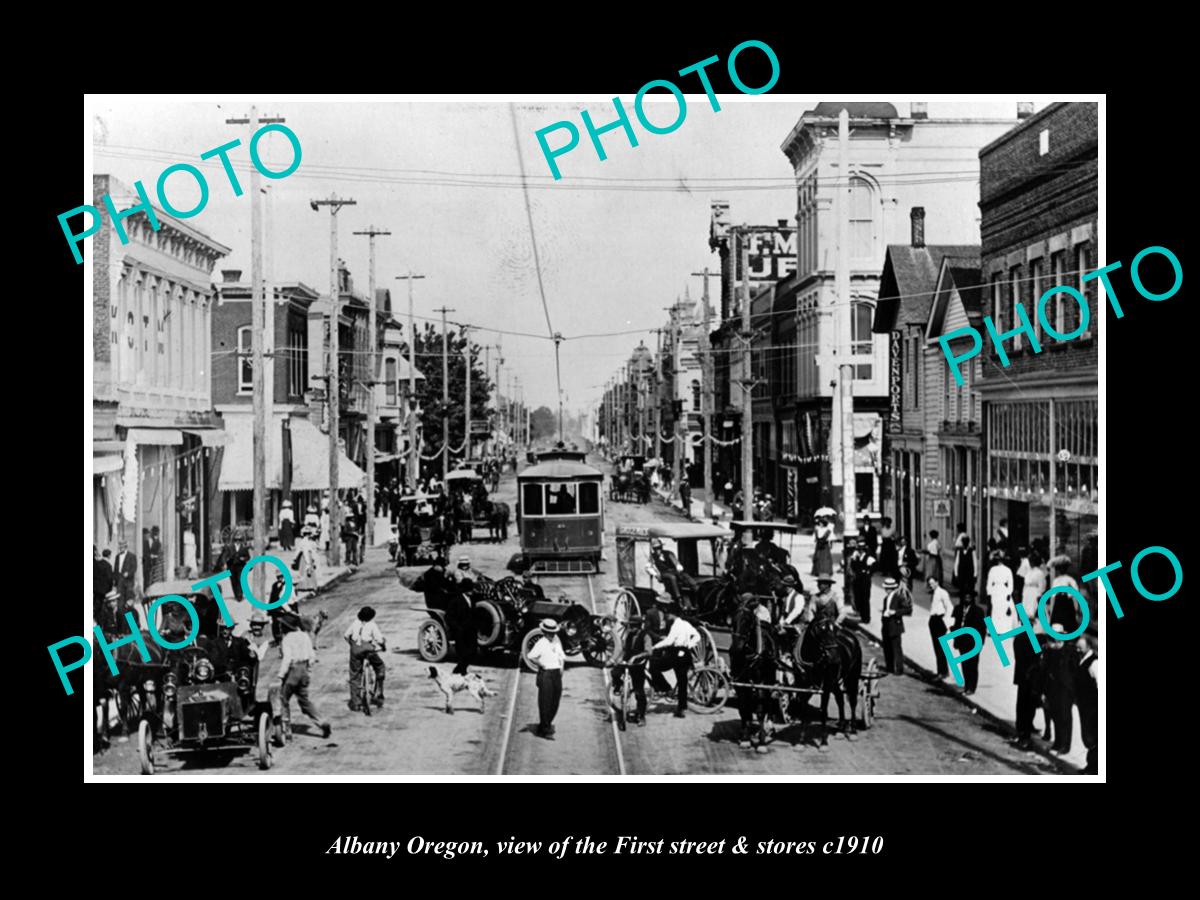 OLD LARGE HISTORIC PHOTO OF ALBANY OREGON, VIEW OF FIRST St & STORES c1910