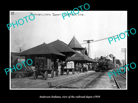 OLD LARGE HISTORIC PHOTO OF ANDERSON INDIANA, VIEW OF THE RAILROAD DEPOT c1910