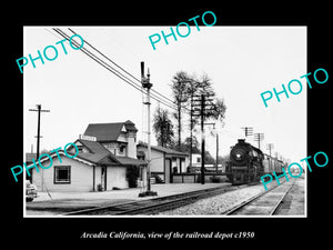 OLD LARGE HISTORIC PHOTO OF ARCADIA CALIFORNIA, VIEW OF THE RAILROAD DEPOT c1950