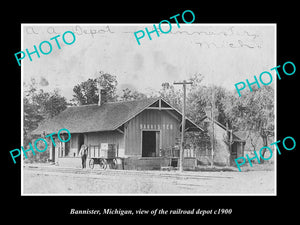 OLD LARGE HISTORIC PHOTO OF BANNISTER MICHIGAN, THE RAILROAD DEPOT STATION c1900