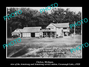 OLD LARGE HISTORIC PHOTO OF CHELSEA MICHIGAN THE ARMSTRONG SERVICE STATION c1920