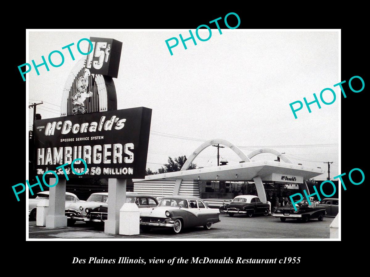 OLD LARGE HISTORIC PHOTO OF DES PLAINES ILLINOIS, THE McDONALDS RESTAURANT c1955