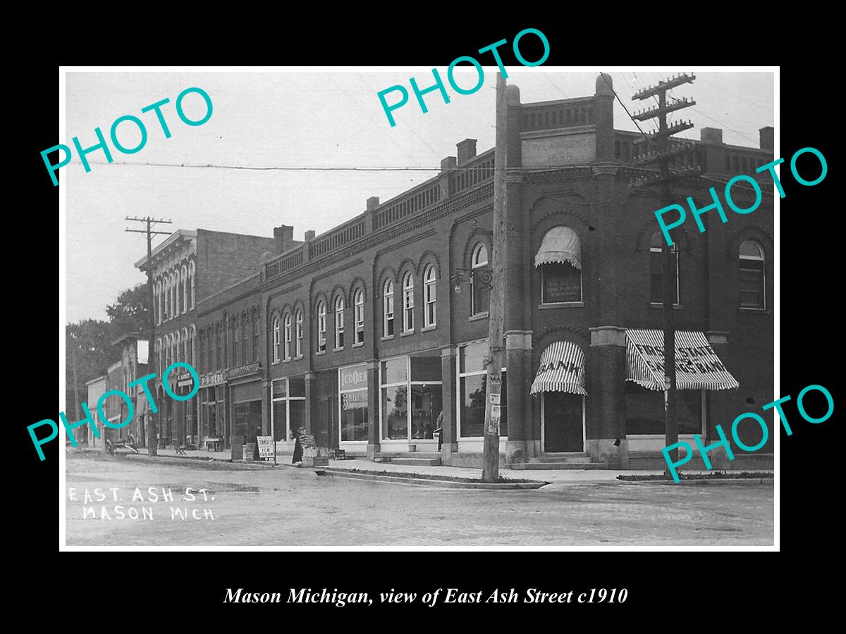 OLD LARGE HISTORIC PHOTO OF MASON MICHIGAN, VIEW OF EAST ASH St & BANK c1910