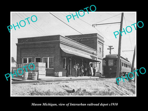 OLD LARGE HISTORIC PHOTO OF MASON MICHIGAN, THE ELECTRIC RAILROAD DEPOT c1910