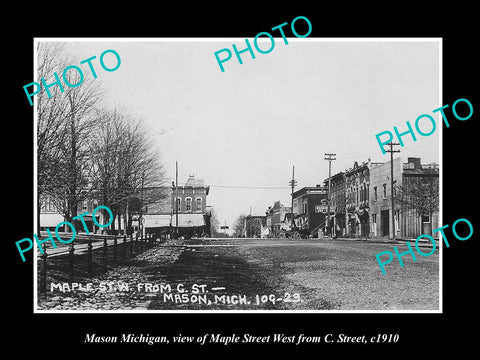 OLD LARGE HISTORIC PHOTO OF MASON MICHIGAN, VIEW OF MAPLE St & STORES c1910