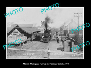 OLD LARGE HISTORIC PHOTO OF MASON MICHIGAN, THE RAILROAD DEPOT STATION c1910