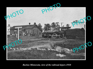 OLD LARGE HISTORIC PHOTO OF BACKUS MINNESOTA, VIEW OF THE RAILROAD DEPOT c1910