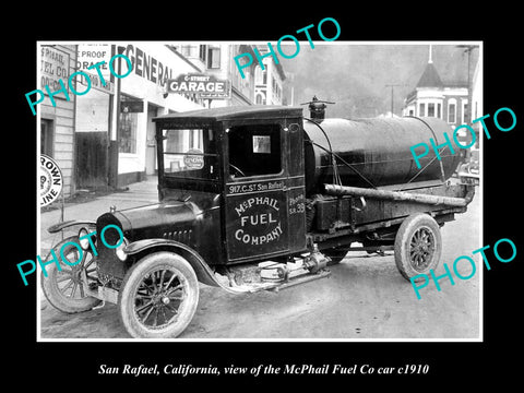 OLD LARGE HISTORIC PHOTO OF SAN RAFAEL CALIFORNIA, THE McPHAIL FUEL Co CAR c1910