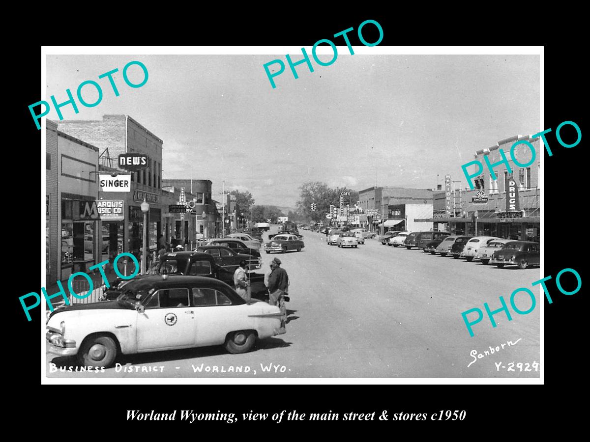 OLD LARGE HISTORIC PHOTO OF WORLAND WYOMING, THE MAIN STREET & STORES c1950