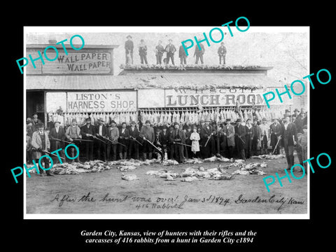 OLD LARGE HISTORIC PHOTO OF GARDEN CITY KANSAS, THE HUGE RABBIT HUNT c1894