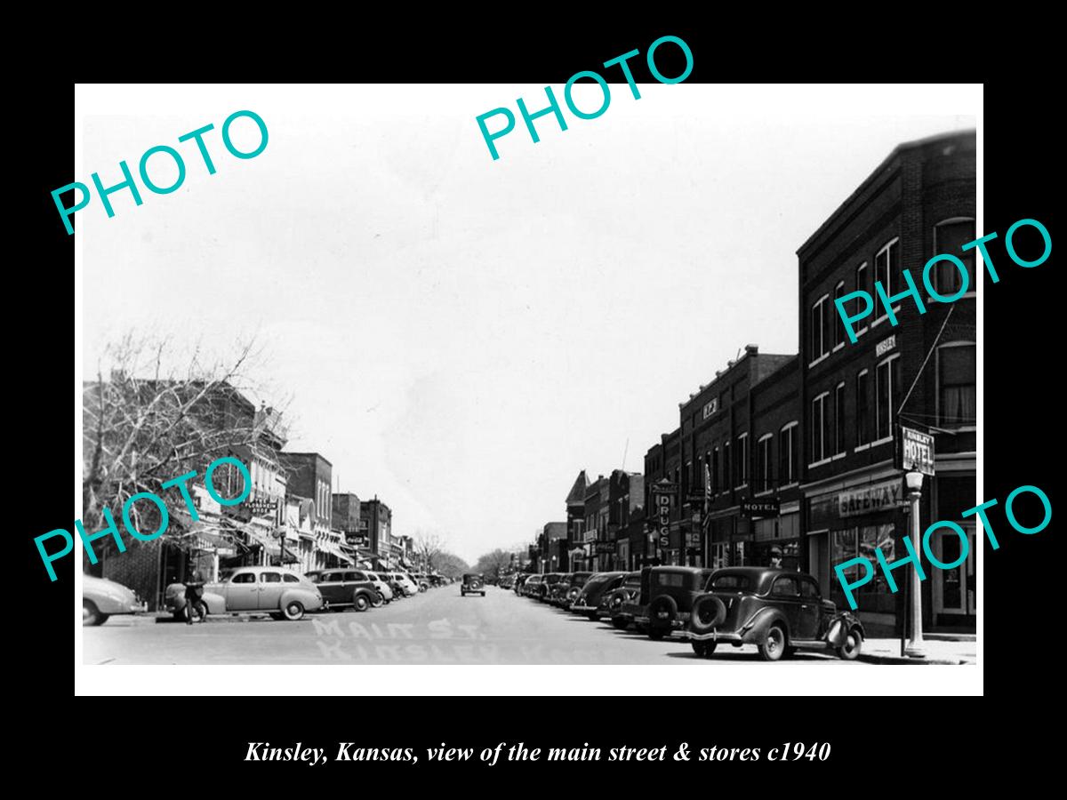 OLD LARGE HISTORIC PHOTO OF KINSLEY KANSAS, VIEW OF THE MAIN St & STORES c1940