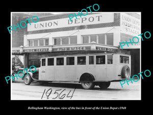 OLD LARGE HISTORIC PHOTO OF BELLINGHAM WASHINGTON, THE UNION DEPOT & BUS c1940