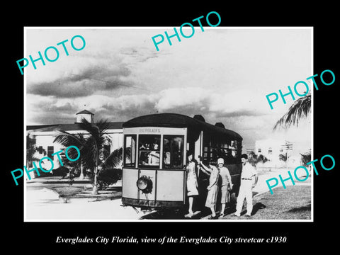 OLD LARGE HISTORIC PHOTO OF EVERGLADES CITY FLORIDA, THE CITY STREET CAR c1930