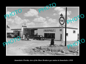 OLD LARGE HISTORIC PHOTO OF IMMOKALEE FLORIDA, THE PURE OIL GAS STATION c1950