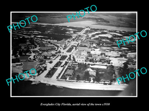 OLD LARGE HISTORIC PHOTO OF EVERGLADES CITY FLORIDA, AERIAL VIEW OF TOWN c1930