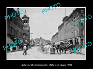 OLD LARGE HISTORIC PHOTO OF BELLOWS FALLS VERMONT, THE TOWN SQUARE & STORES 1905