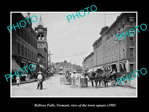 OLD LARGE HISTORIC PHOTO OF BELLOWS FALLS VERMONT, THE TOWN SQUARE & STORES 1905