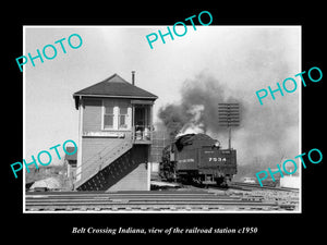 OLD LARGE HISTORIC PHOTO OF BELT CROSSING INDIANA, THE RAILROAD STATION c1950