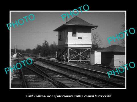 OLD LARGE HISTORIC PHOTO OF COBB INDIANA, THE RAILROAD STATION TOWER c1960