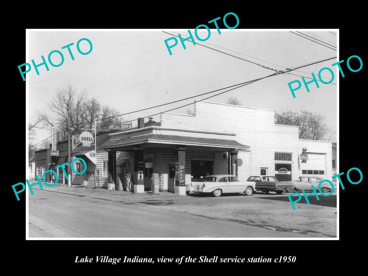 OLD LARGE HISTORIC PHOTO OF LAKE VILLAGE INDIANA, THE SHELL OIL Co STATION c1950