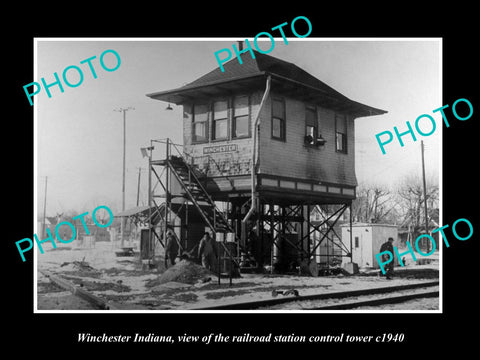 OLD LARGE HISTORIC PHOTO OF WINCHESTER INDIANA, THE RAILROAD STATION TOWER c1940