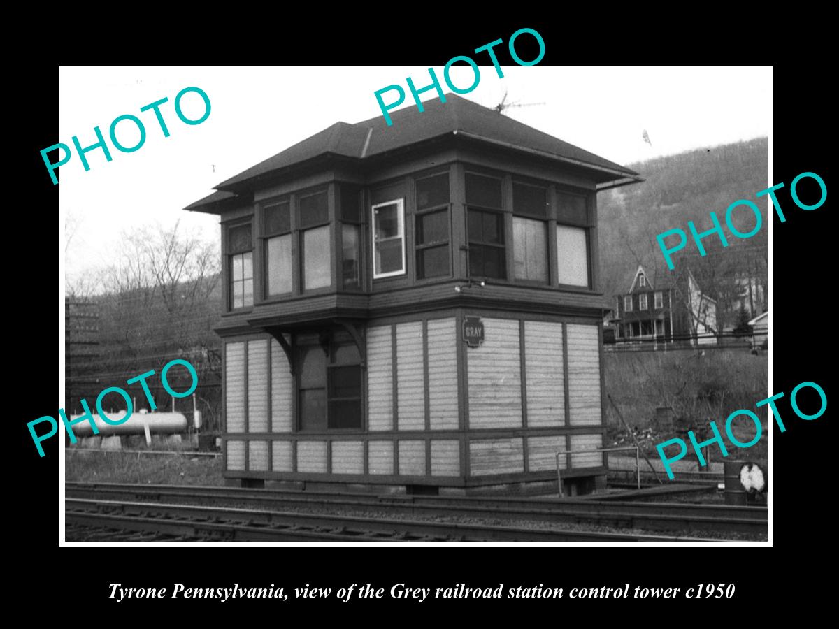 OLD LARGE HISTORIC PHOTO OF TYRONE PENNSYLVANIA, RAILROAD DEPOT GREY TOWER c1950