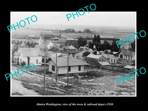 OLD LARGE HISTORIC PHOTO OF ALMIRA WASHINGTON, VIEW OF TOWN & RAIL DEPOT c1930