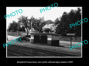 OLD LARGE HISTORIC PHOTO OF BRANFORD CONNECTICUT, THE RAILROAD STATION c1940