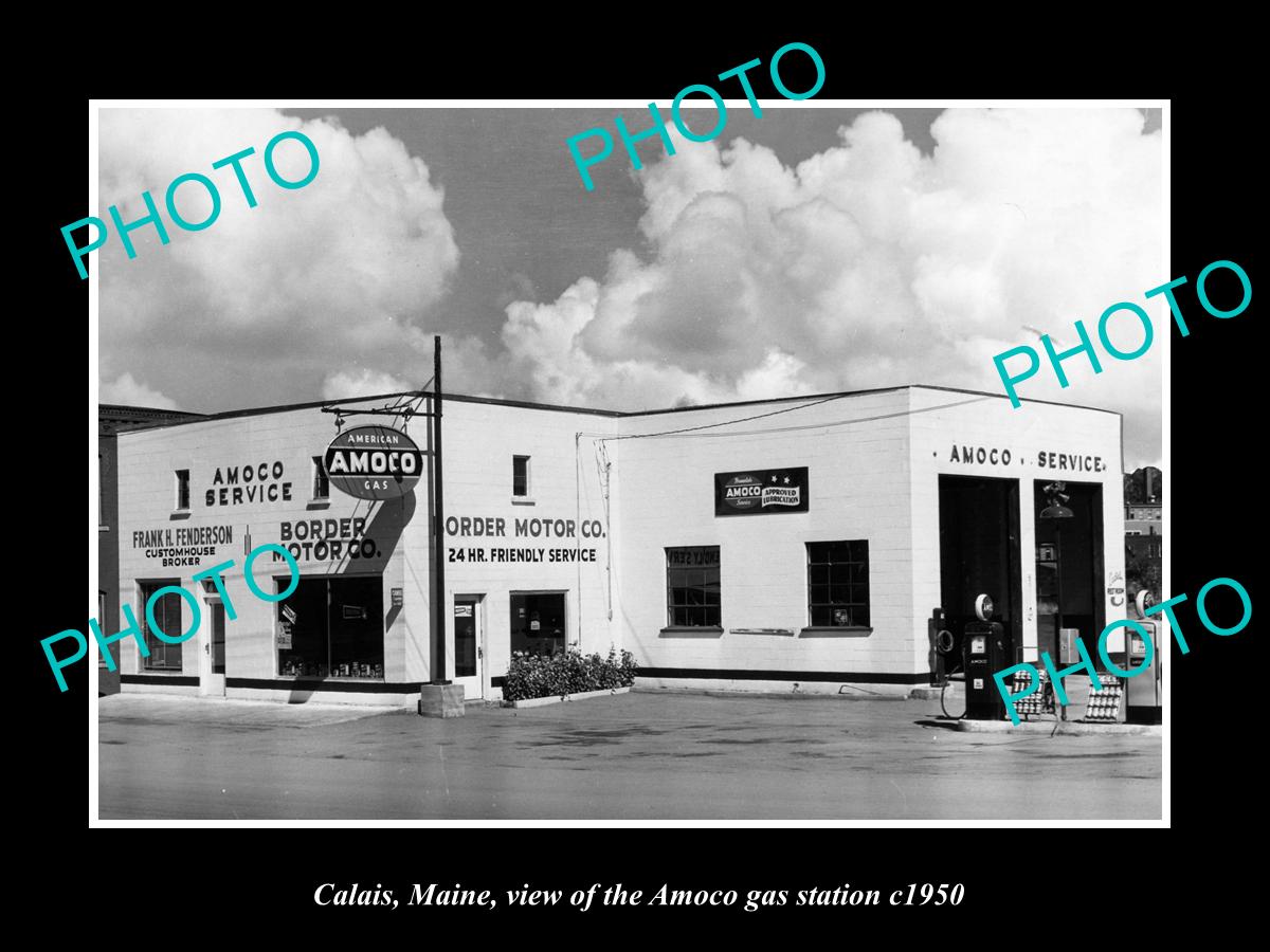 OLD LARGE HISTORIC PHOTO OF CALAIS MAINE, THE AMOCO OIL Co SERVICE STATION c1950