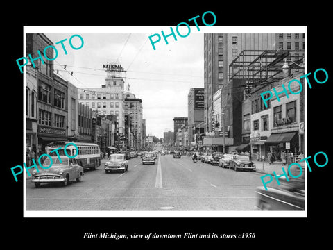 OLD LARGE HISTORIC PHOTO OF FLINT MICHIGAN, VIEW OF DOWNTOWN & STORES c1950