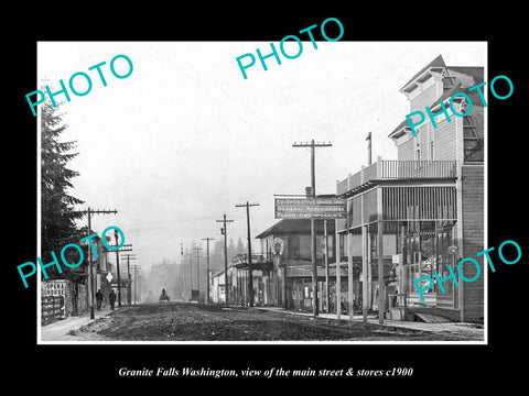 OLD LARGE HISTORIC PHOTO OF GRANITE FALLS WASHINGTON, THE MAIN St & STORES c1900