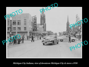 OLD LARGE HISTORIC PHOTO OF MICHIGAN CITY INDIANA, THE DOWNTOWN & STORES c1950