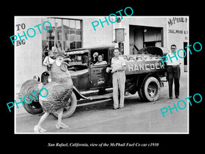 OLD LARGE HISTORIC PHOTO OF SAN RAFAEL CALIFORNIA, McPHAIL FUEL Co TANKER c1930