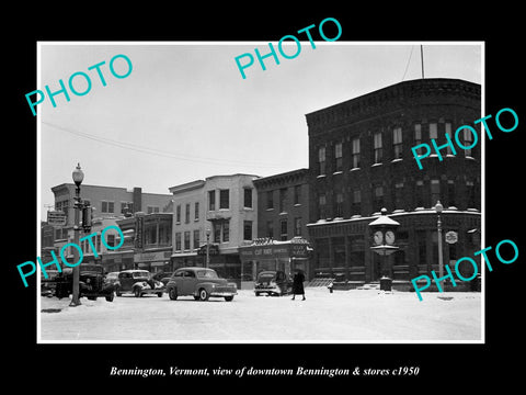 OLD LARGE HISTORIC PHOTO OF BENNINGTON VERMONT, VIEW OF DOWNTOWN BENNINGTON 1950