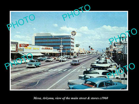 OLD LARGE HISTORIC PHOTO OF MESA ARIZONA, VIEW OF THE MAIN STREET & STORES c1960