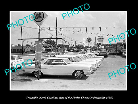 OLD LARGE HISTORIC PHOTO OF GREENVILLE NORTH CAROLINA, CHEVROLET DEALERSHIP 1960