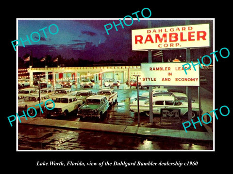 OLD LARGE HISTORIC PHOTO OF LAKE WORTH FLORIDA, THE RAMBLER CAR DEALERSHIP c1960