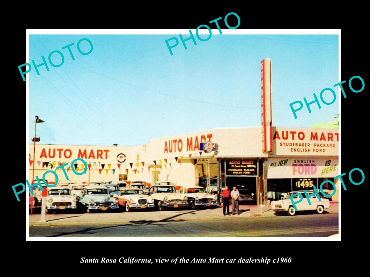 OLD LARGE HISTORIC PHOTO OF SANTA ROSA CALIFORNIA, THE AUTO MART DEALERSHIP 1960