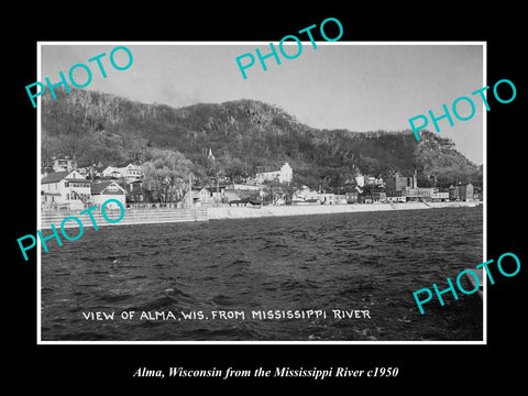 OLD LARGE HISTORIC PHOTO OF ALMA WISCONSIN, VIEW OF THE TOWN WATERFRONT c1950