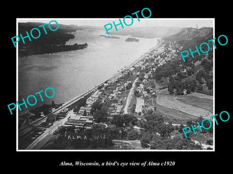 OLD LARGE HISTORIC PHOTO OF ALMA WISCONSIN, AERIAL VIEW OF THE TOWNSHIP c1920