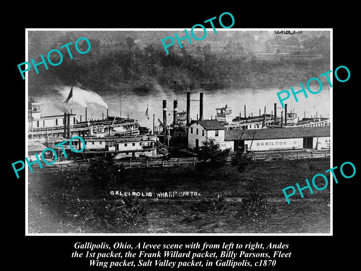 OLD LARGE HISTORIC PHOTO OF GALLIPOLIS OHIO, THE STEAMBOATS AT THE DOCK c1870