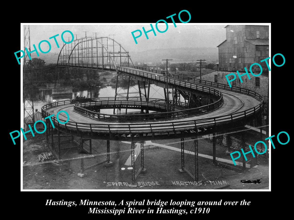 OLD LARGE HISTORIC PHOTO OF HASTINGS MINNESOTA, VIEW OF THE SPIRAL BRIDGE c1910